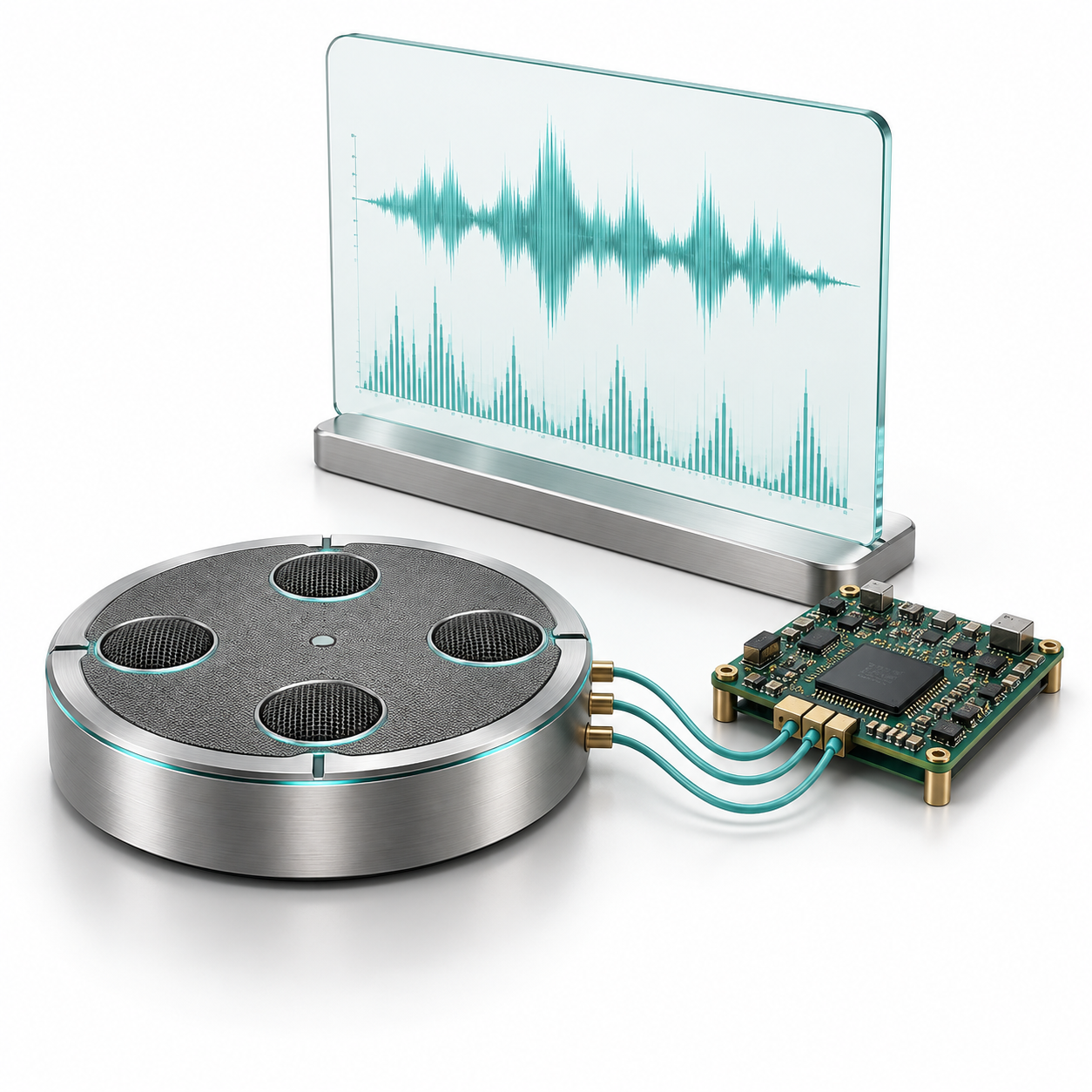 Concept illustration connecting a microphone array, processing circuit board, and acoustic waveform display