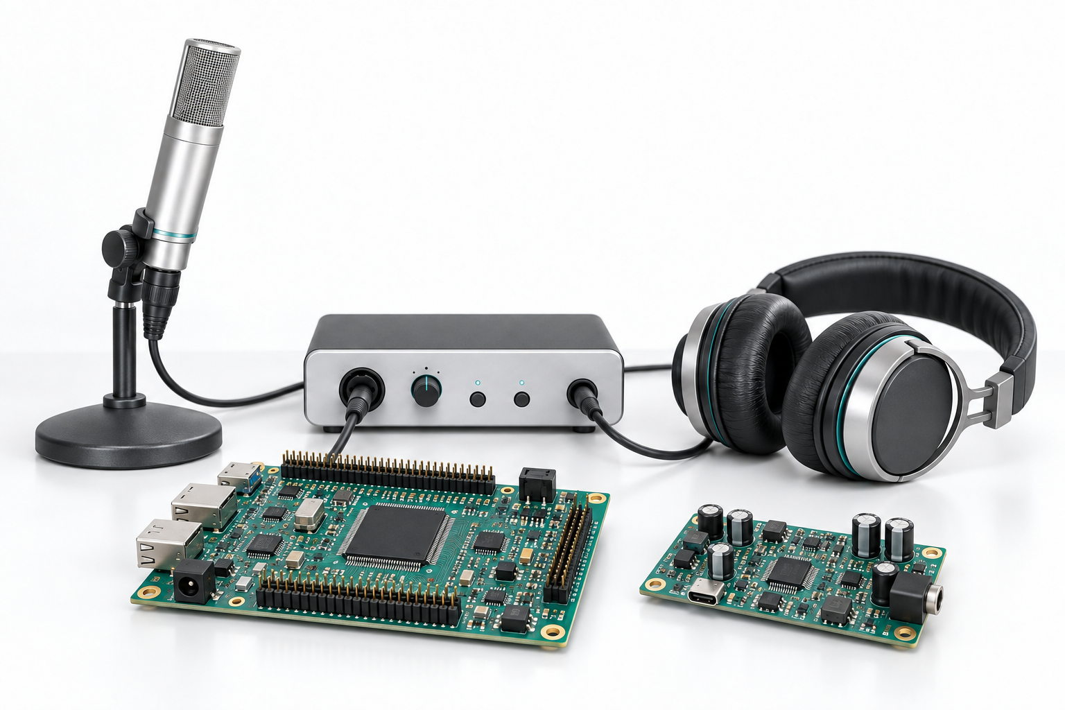 Illustrative acoustic research setup with FPGA development board, audio processing circuit board, microphone, audio interface, and headphones